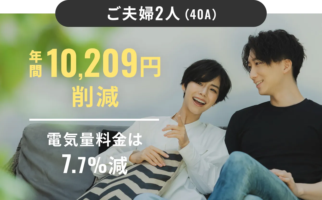 ご夫婦2人(40A)年間10,209円削減電気量料金は7.7%減