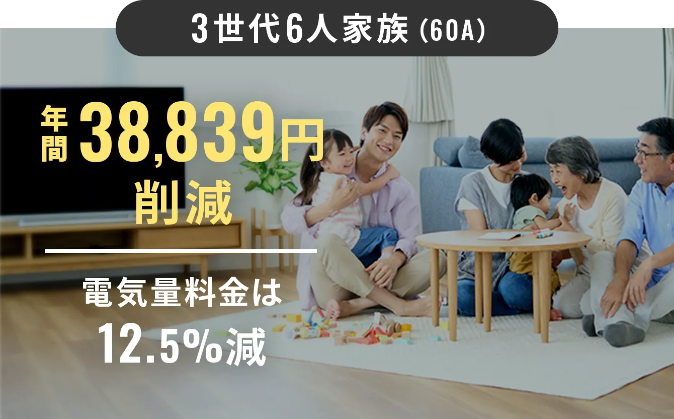 3世代6人家族(60A)年間38,839円削減電気量料金は12.5%減