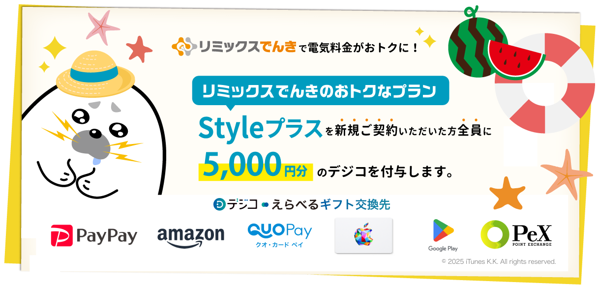リミックスでんきで電気料金がおトクに！Styleプラスを新規ご契約いただいた方全員に5,000円分のデジコを付与します。